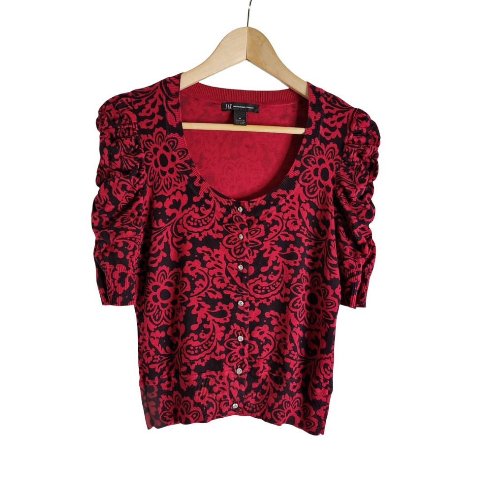 INC International Concepts Red Black Damask Puff Sleeve Rhinestone Cardigan M